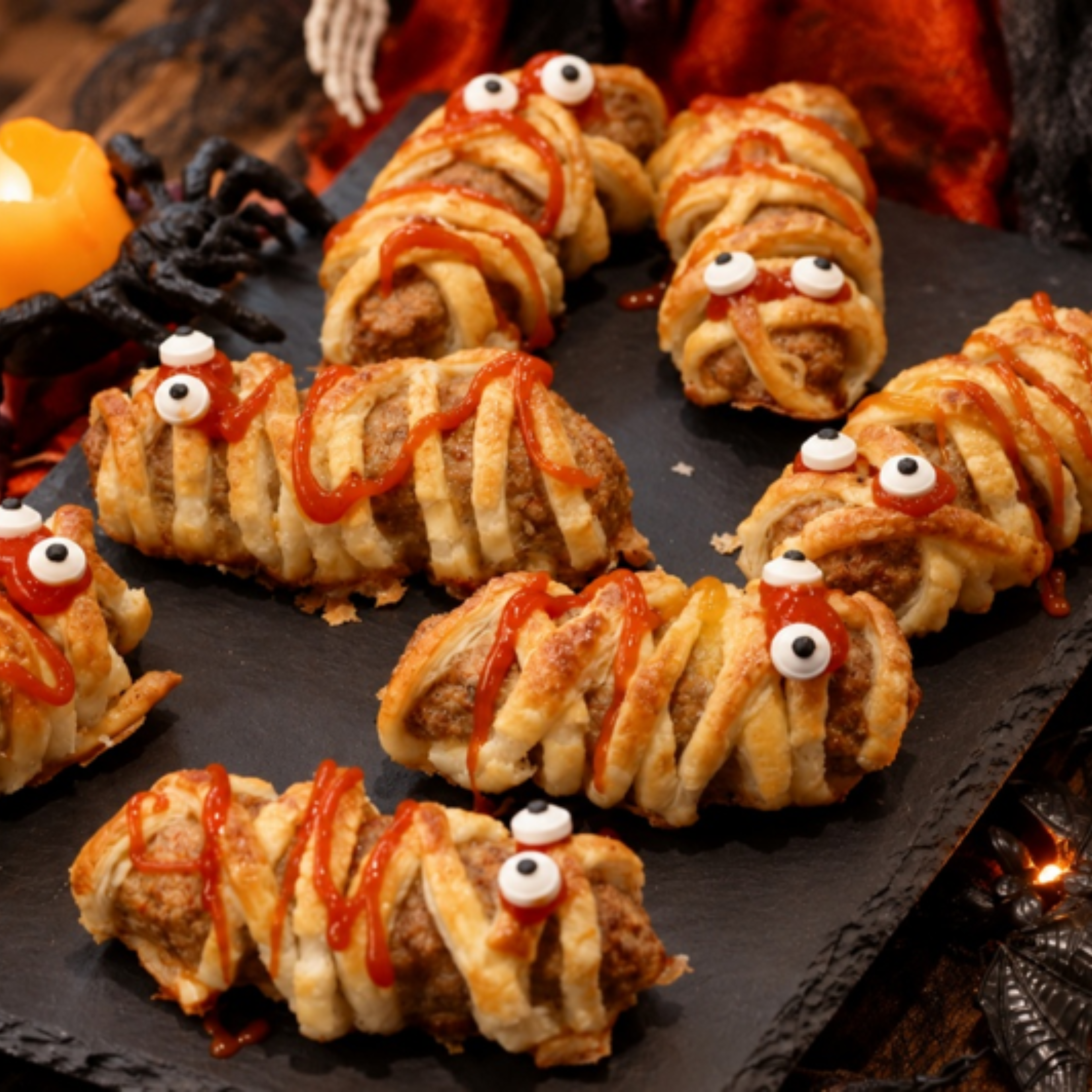 Mummie Saucijzenbroodjes voor Halloween